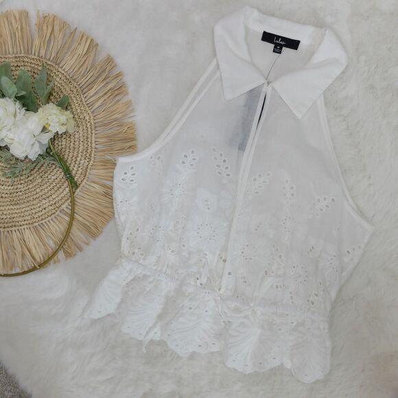 Lulus Precious Persona White Collared Embroidered Eyelet Top Size Medium NWT - Picture 1 of 12